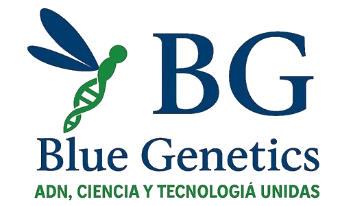 Blue Genetics: libélula cuyo cuerpo es una doble hélice de ADN, junto a las siglas BG