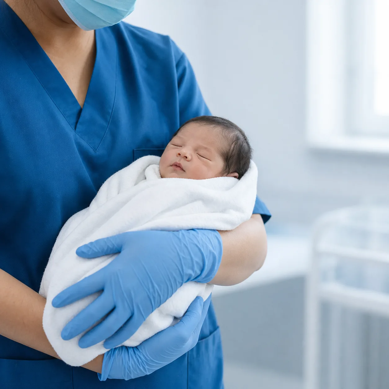 Profesional de salud sosteniendo a un recién nacido envuelto en una manta blanca