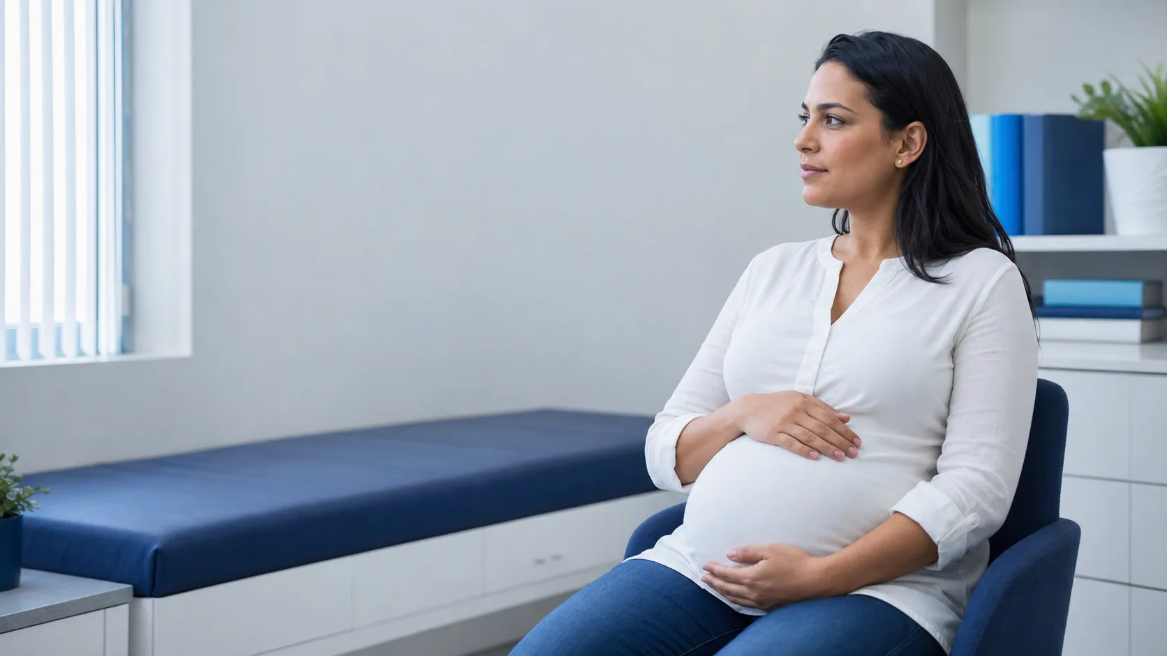 Mujer embarazada sentada en el consultorio durante su control prenatal, con luz natural fría