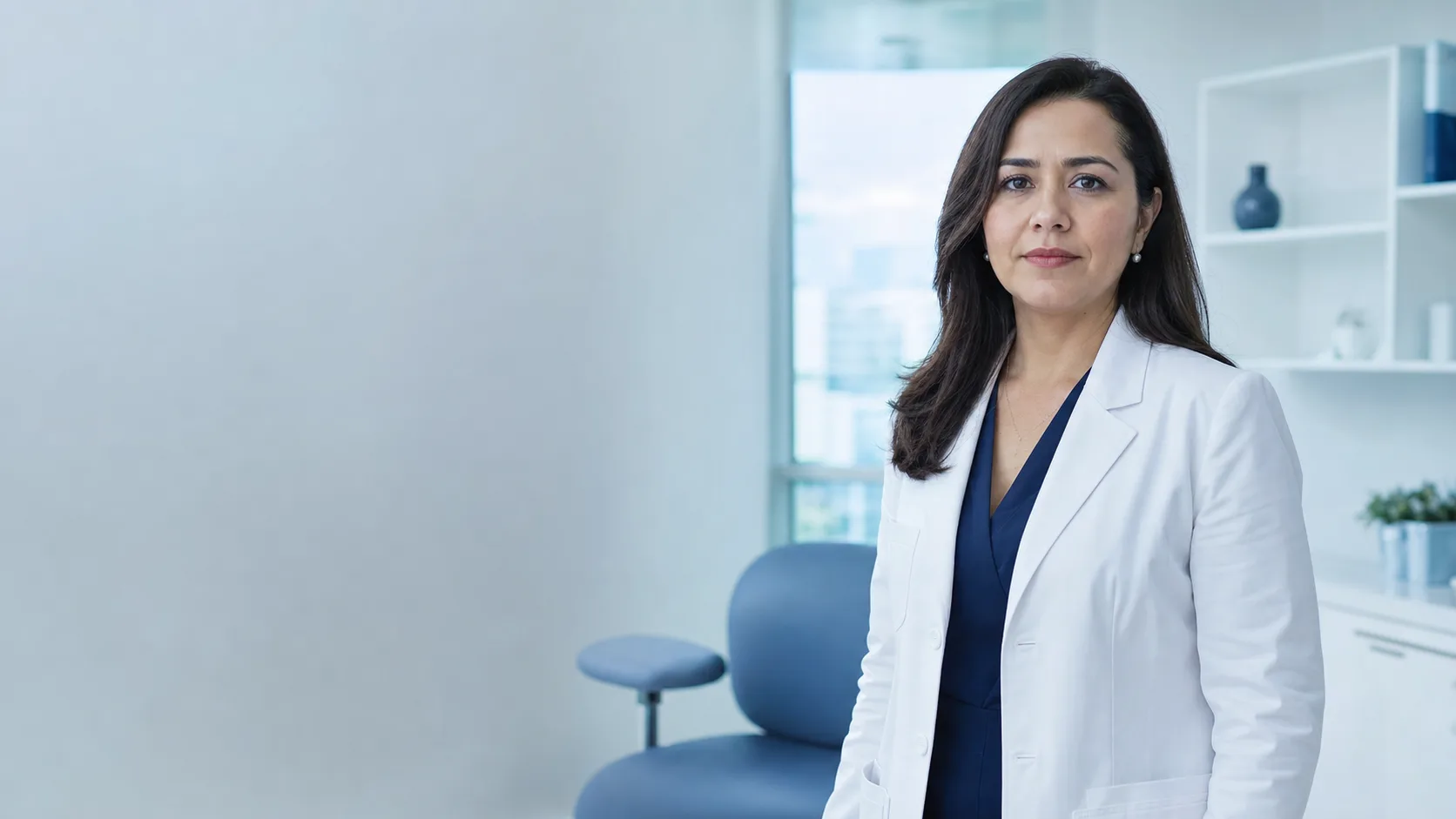 Médica especialista de bata blanca en su consultorio, de pie junto al sillón de examen