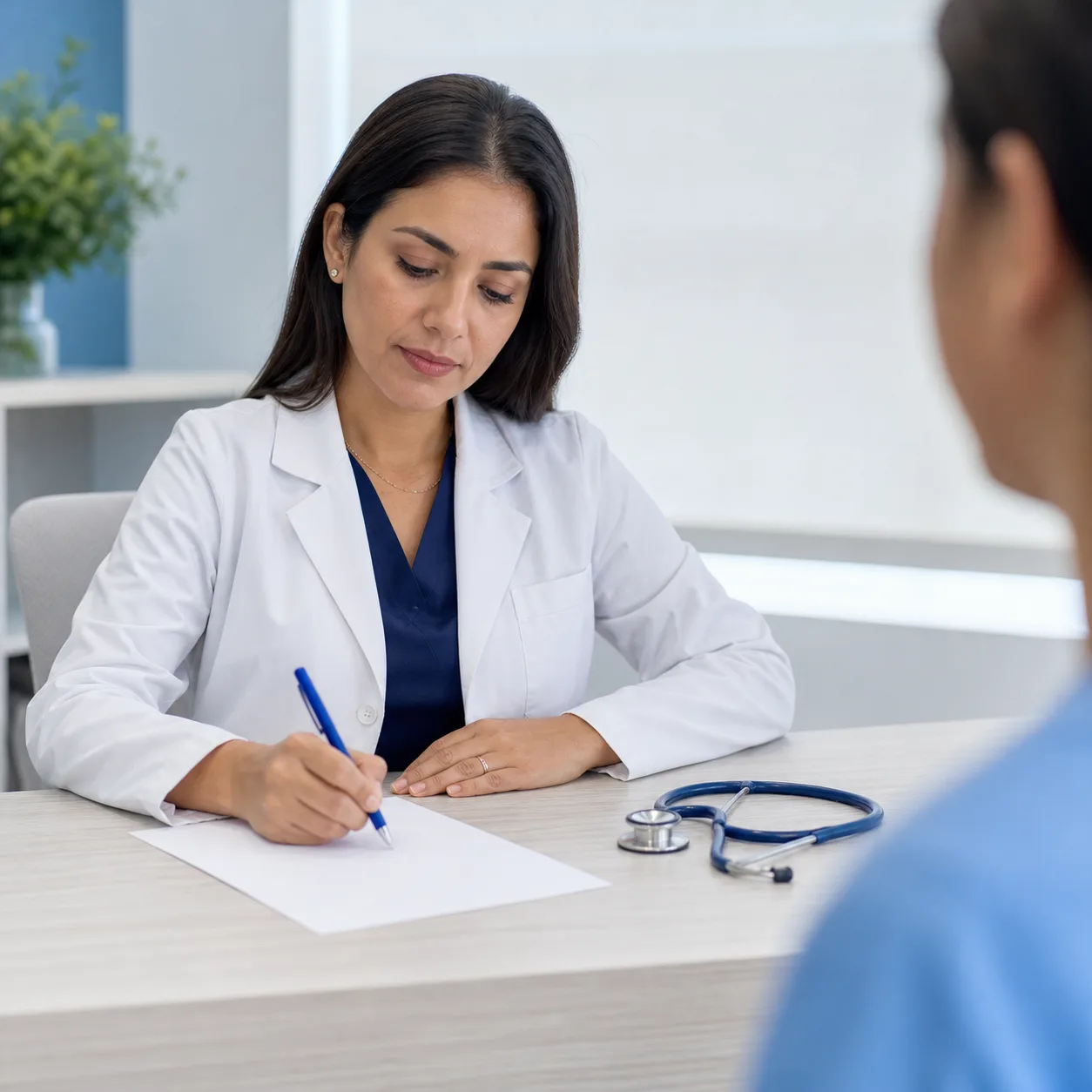 Médica escribiendo la solicitud del estudio durante la consulta