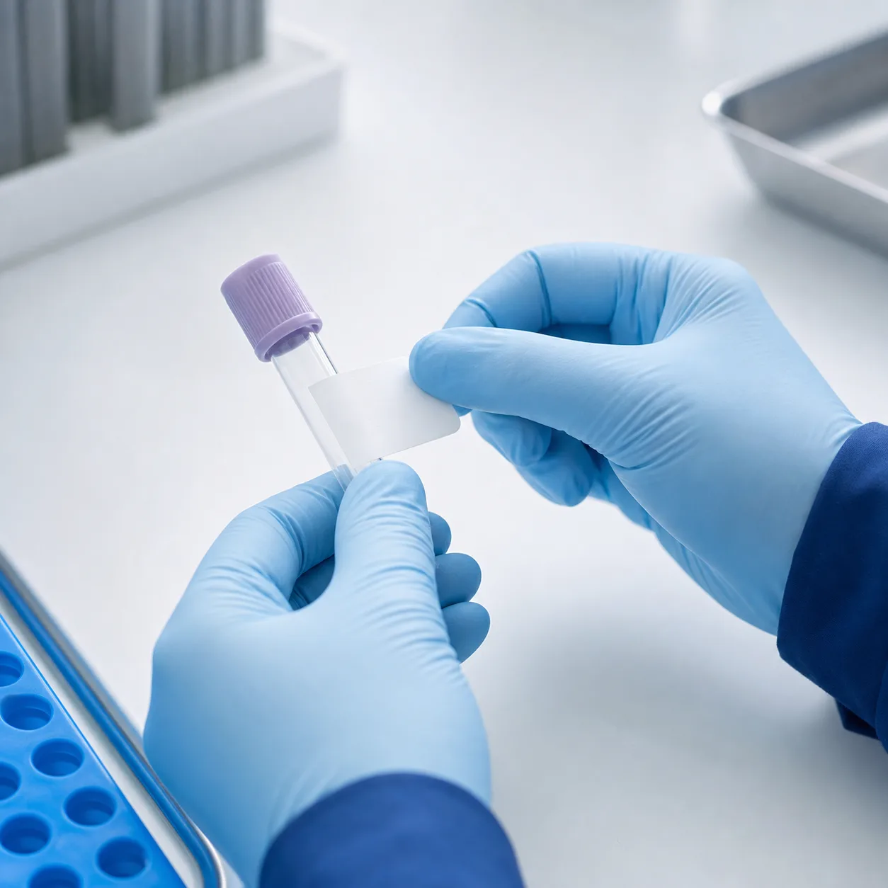 Manos con guantes rotulando un tubo de muestra de sangre en el laboratorio