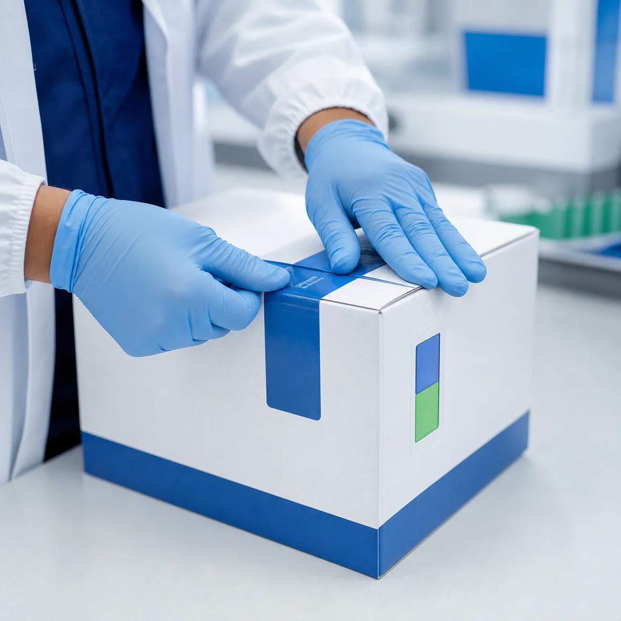 Personal de laboratorio sellando la caja de envío de muestras