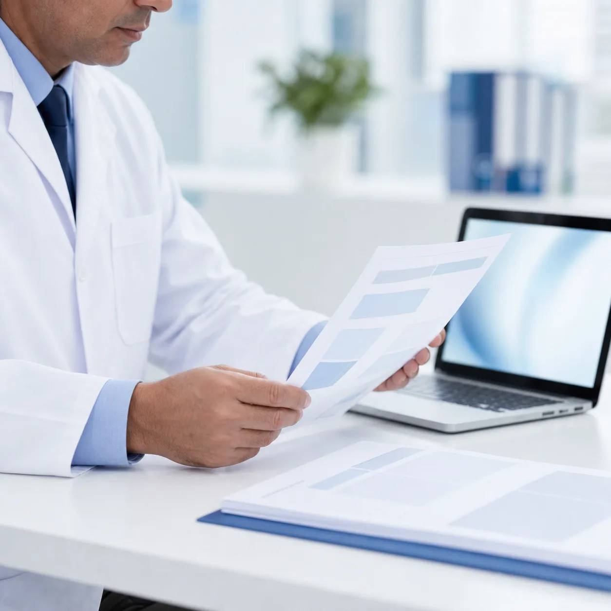 Médico revisando el informe impreso de resultados en su escritorio